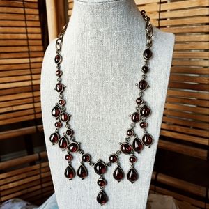 Blood Red Garnet Transparent Glass Cabachon Teardrop Brass Necklace NWOT